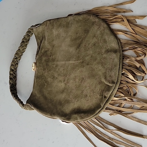 Anthropology suede wool shirling boho handbag with leather fringes - Picture 5 of 7